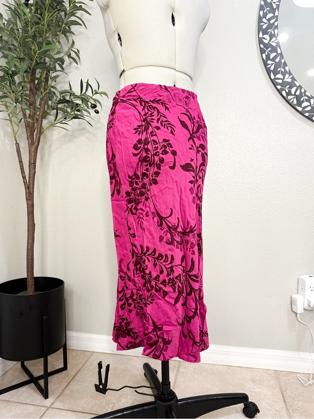 Anthropologie Fuchsia Floral Satin Midi Skirt